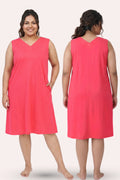 A woman modeling a sleeveless V-neck dress in dark pink, shown from both the front and back views.