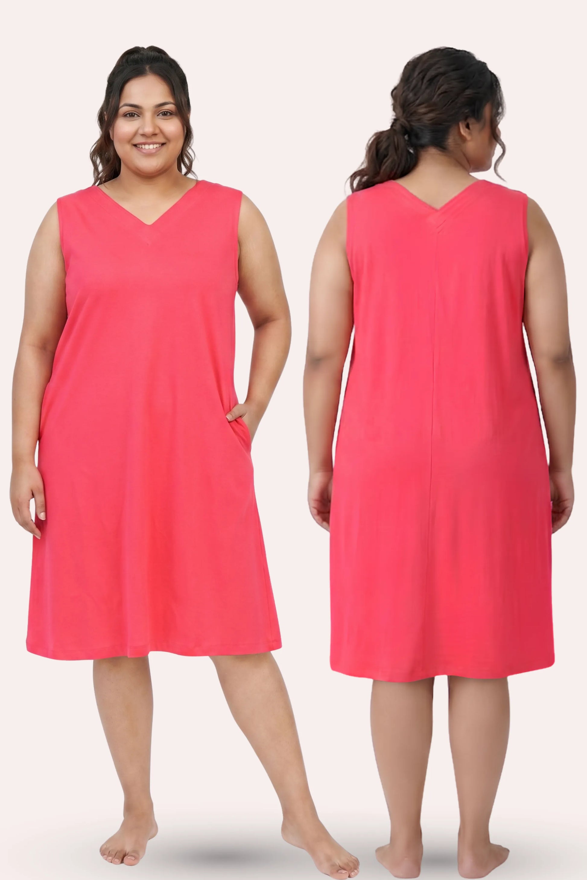 A woman modeling a sleeveless V-neck dress in dark pink, shown from both the front and back views.