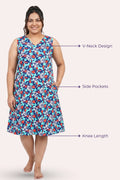 Woman wearing a blue floral nightgown with labeled features