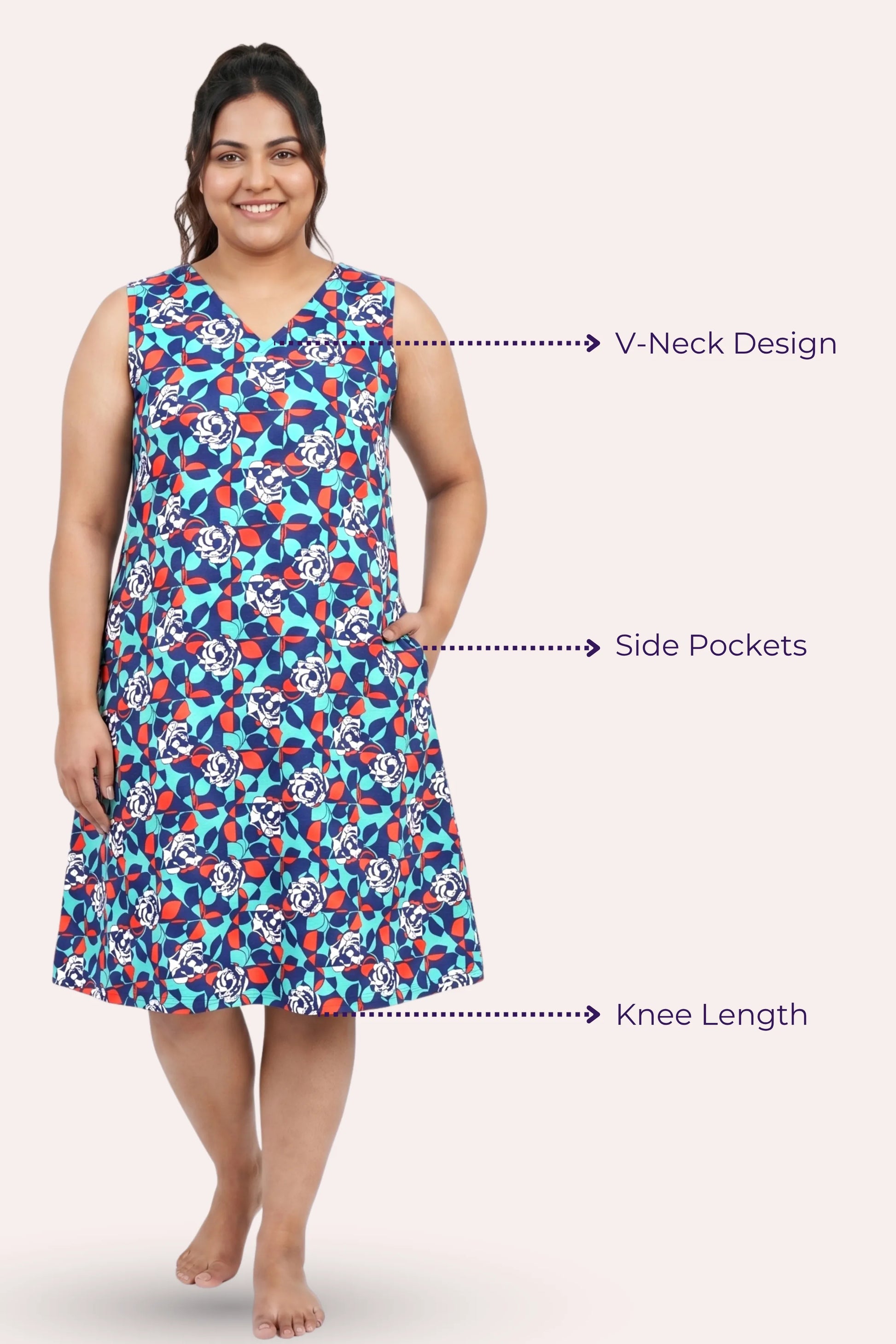 Woman wearing a blue floral nightgown with labeled features