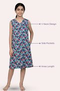 A young girl modeling a sleeveless knee-length nightgown. The image includes text callouts pointing to the V-Neck Design, Side Pockets, and Knee Length.