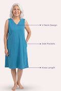 Woman wearing a blue sleeveless dress with labeled features