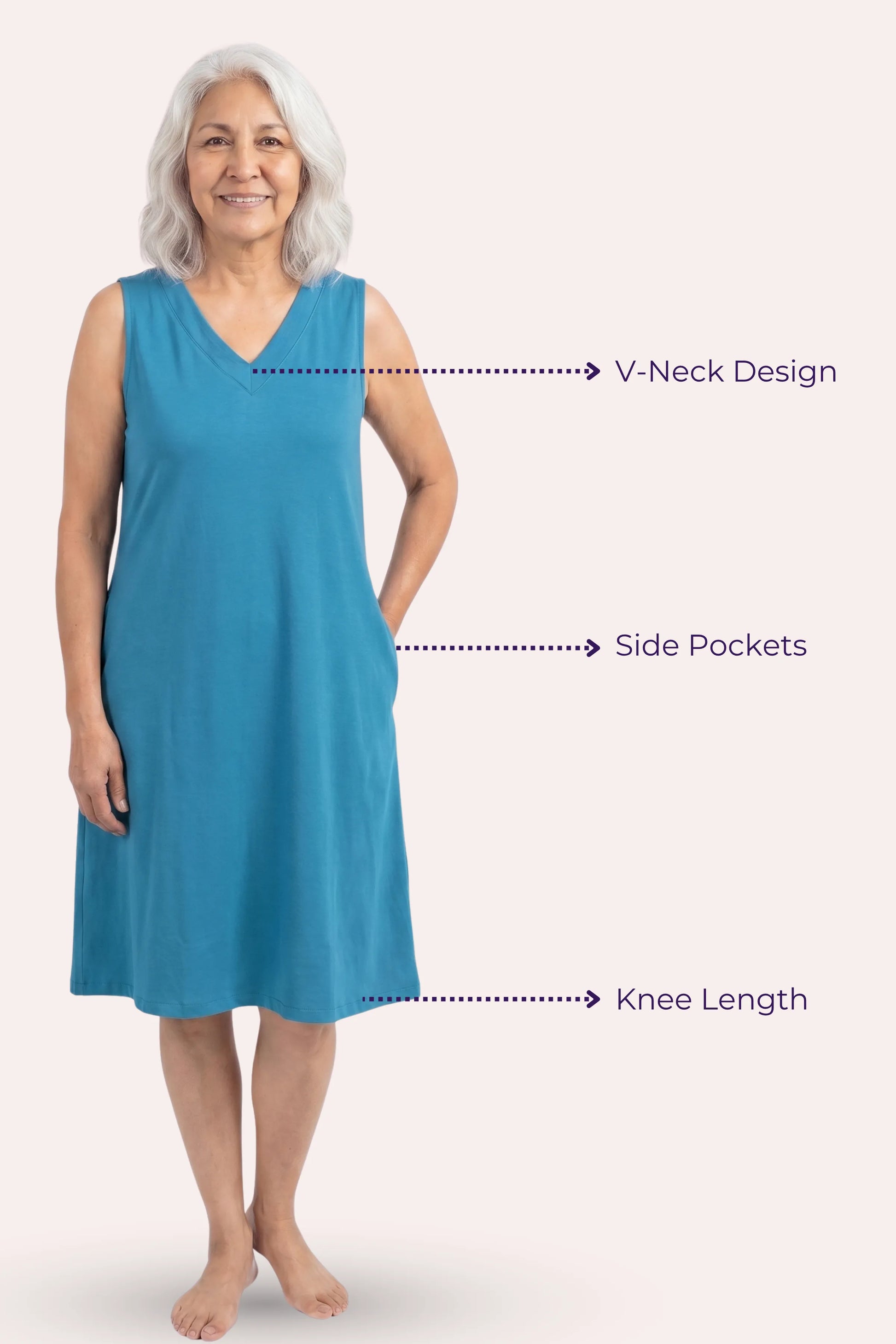 Woman wearing a blue sleeveless dress with labeled features