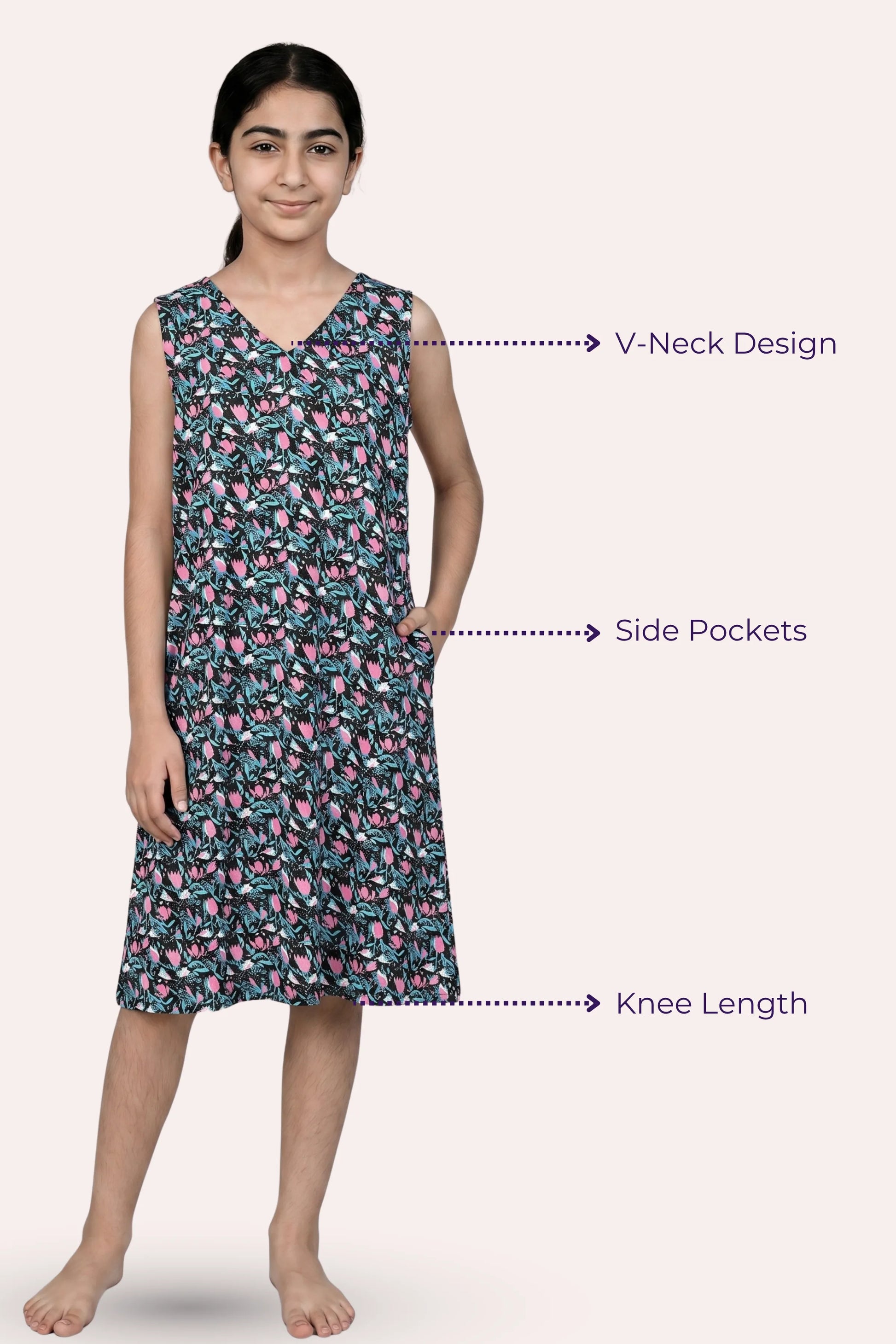 Girl wearing a knee-length nightdress with floral pattern, labeled for features like V-neck design, side pockets, and knee length.