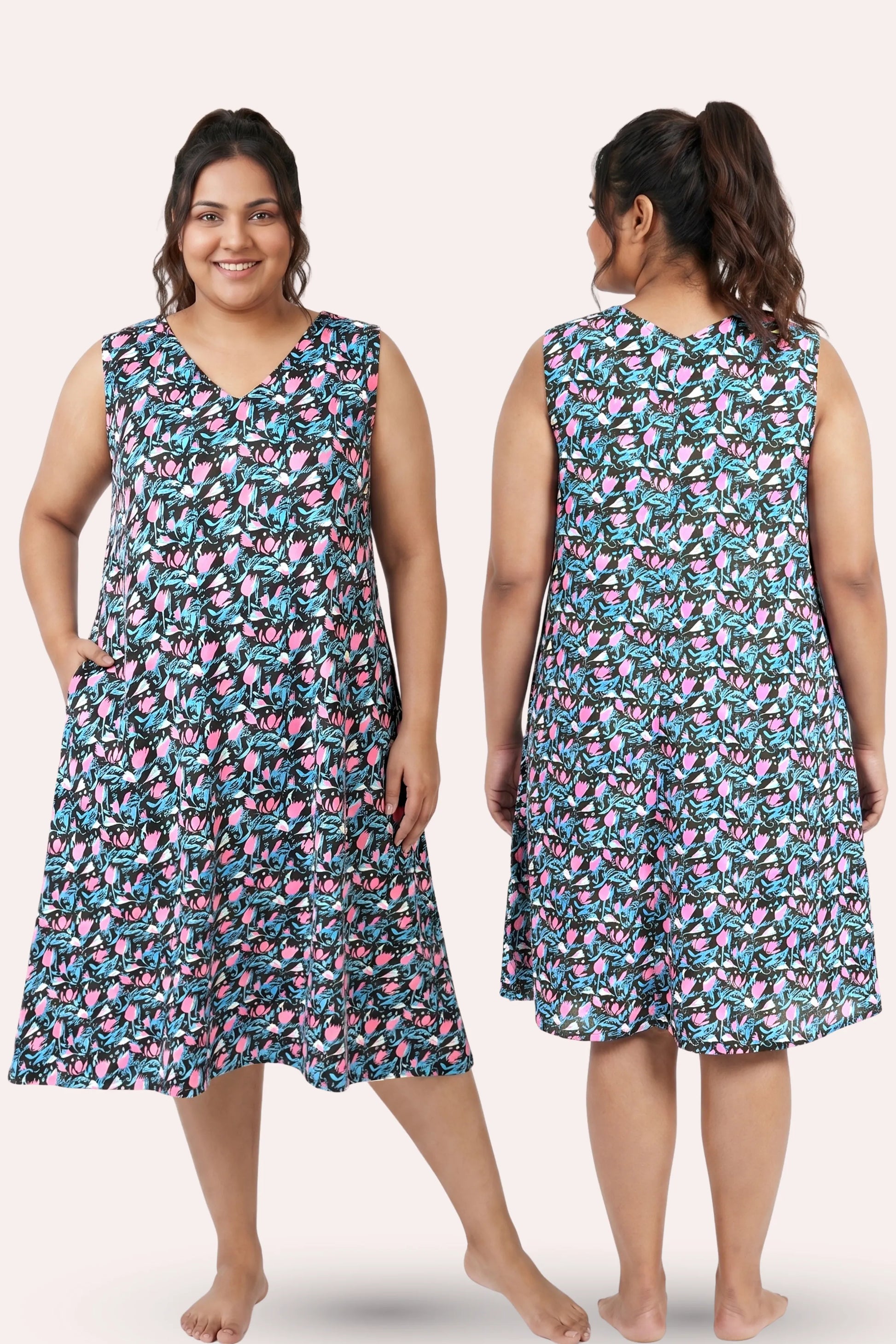 A plus-size woman model a sleeveless V-neck dress with a black floral print, shown both the front and back views.