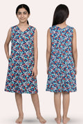 Knee Length Nighty Cotton Front And Back View Teen Blue Floral AOP