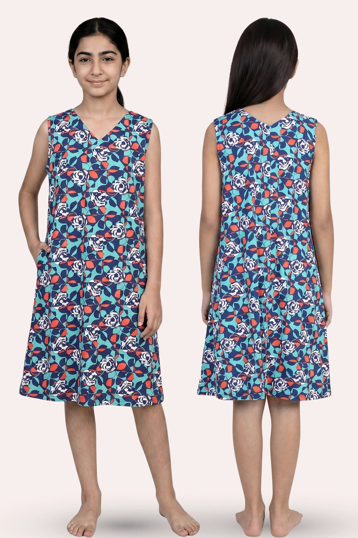 Knee Length Nighty Cotton Front And Back View Teen Blue Floral AOP