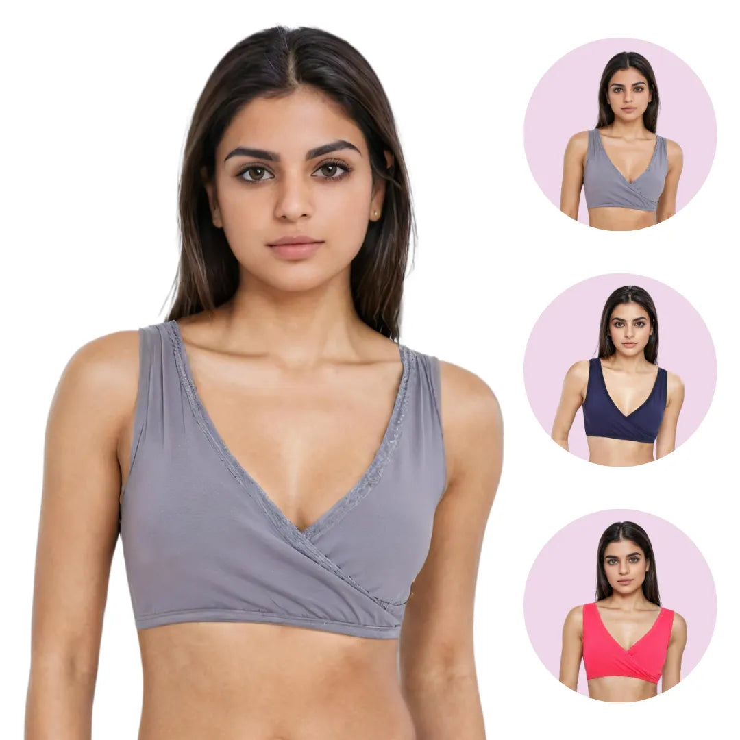 Ladies Plunge Bra Steel Grey, Navy Blue & Dark Pink