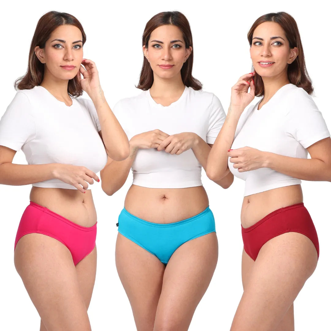 Ladies Cotton Panties Dark Pink, Bright Blue & Maroon
