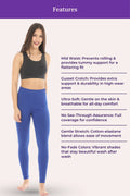 Woman wearing a black sports bra and blue leggings with feature text on a white background
