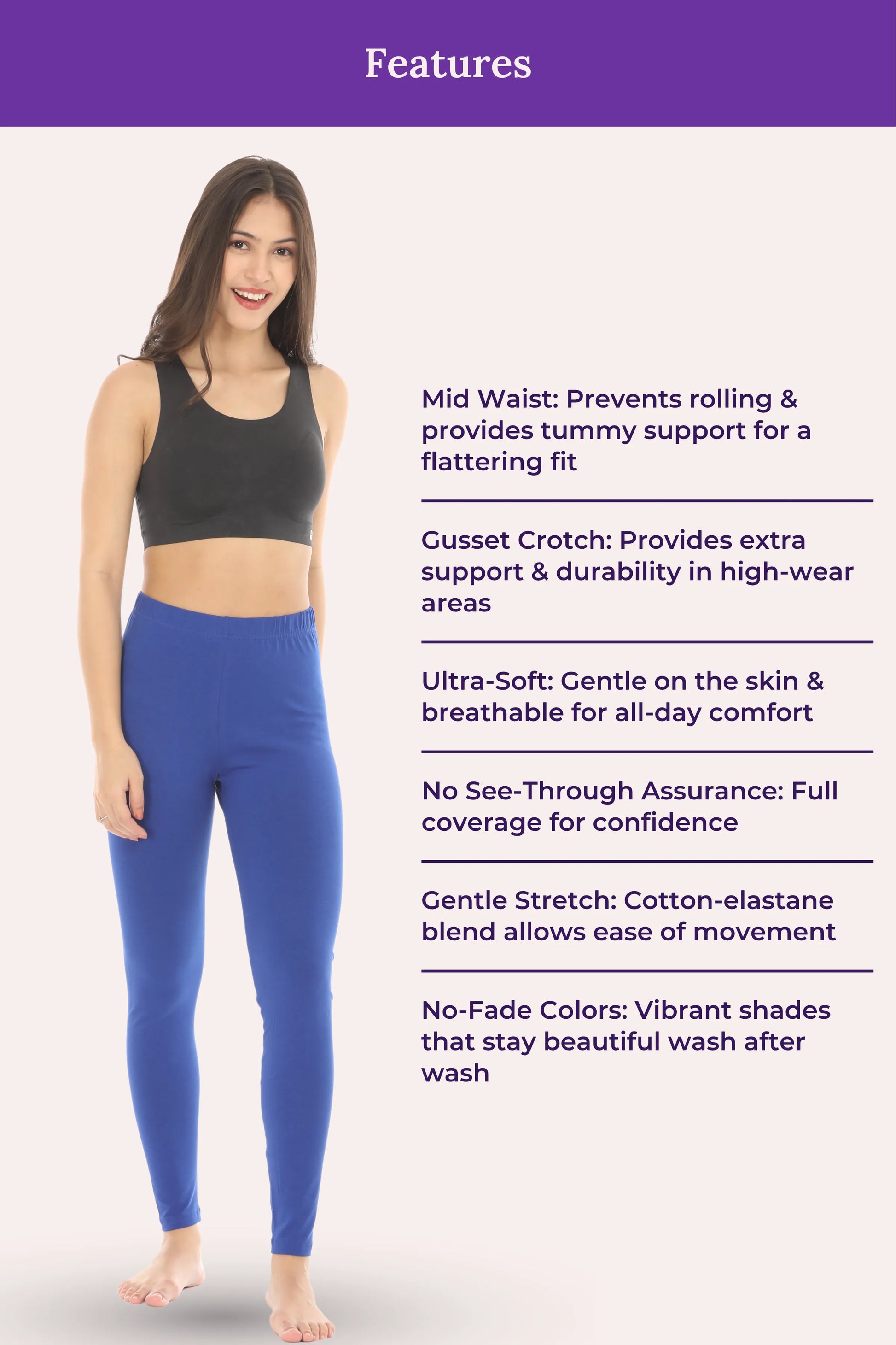 Woman wearing a black sports bra and blue leggings with feature text on a white background