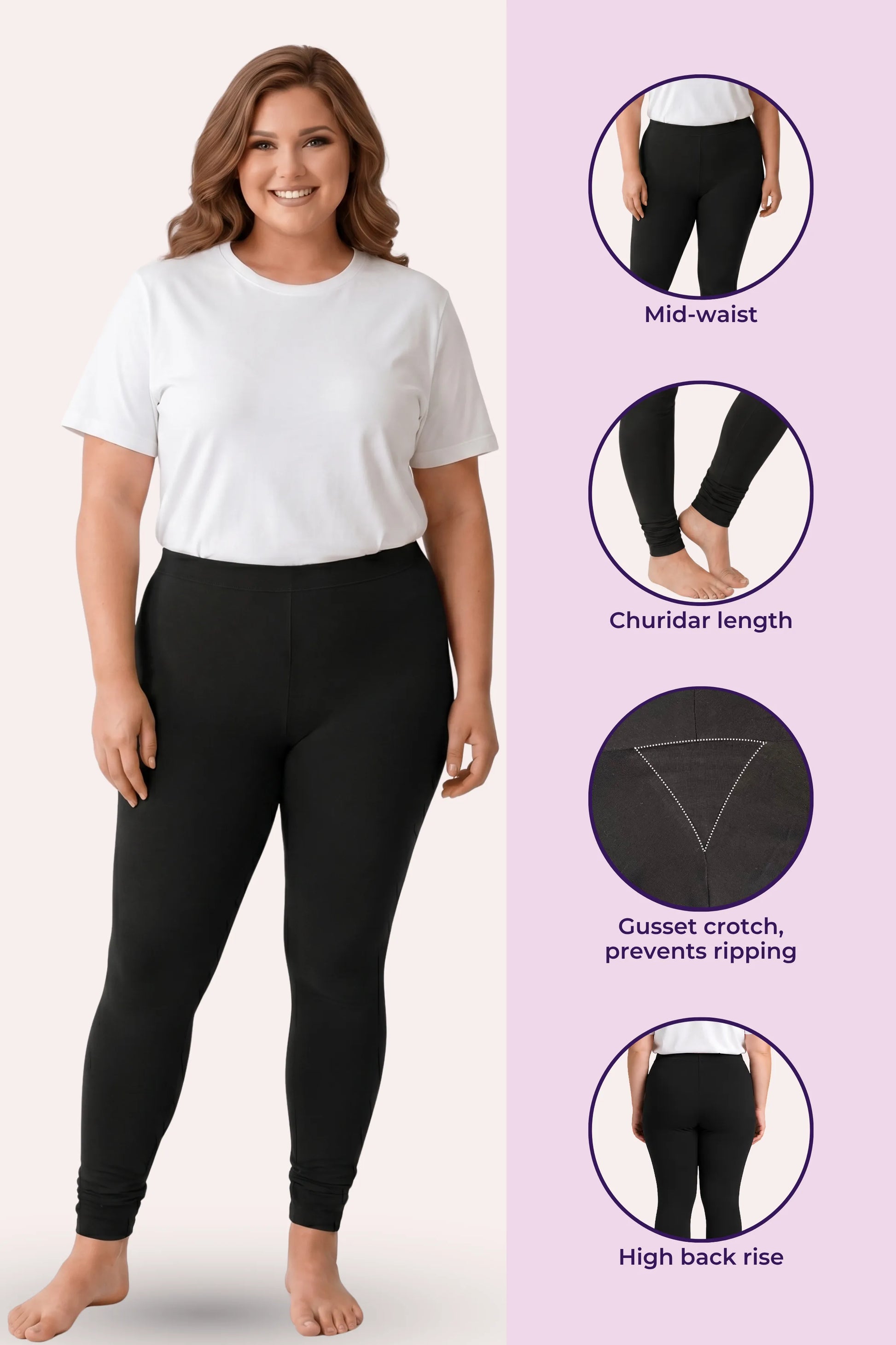 A woman modeling black leggings with a white T-shirt, shown beside feature callouts and circular inset photos highlighting mid-waist, churidar length, gusset crotch, and high back rise.