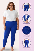 A woman modeling royal blue churidar leggings with a white T-shirt, shown beside feature callouts and circular inset views highlighting mid-waist fit, churidar length, gusset crotch, and high back rise.
