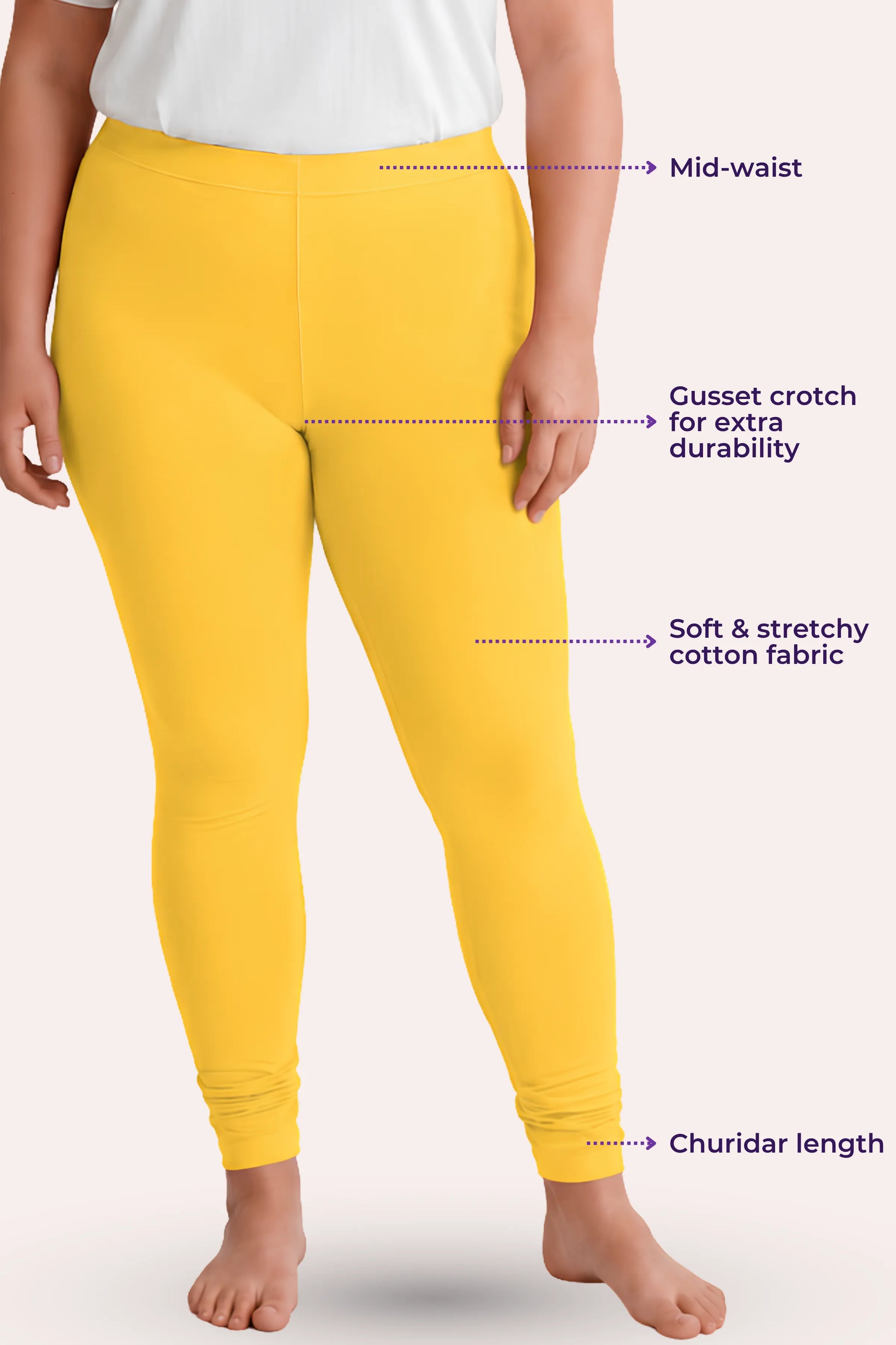 A women wearing yellow leggings against a pale pink background, with text callouts pointing to the mid-waist, gusset crotch, stretchy fabric, and churidar length.