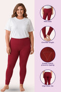 A woman modeling churidar leggings with a white t-shirt, shown alongside feature callout circles on the right detailing mid-waist, churidar length, gusset crotch, and high back rise.