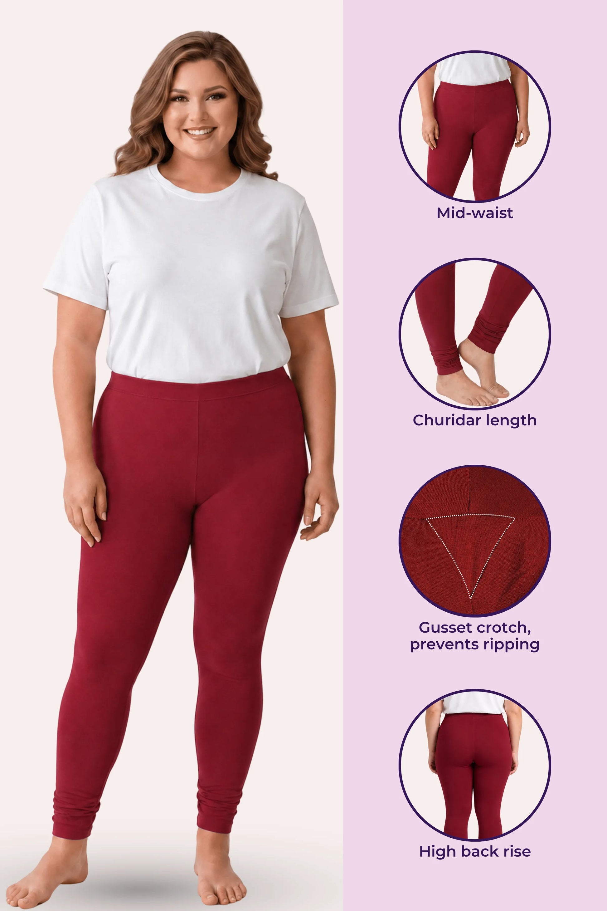 A woman modeling churidar leggings with a white t-shirt, shown alongside feature callout circles on the right detailing mid-waist, churidar length, gusset crotch, and high back rise.