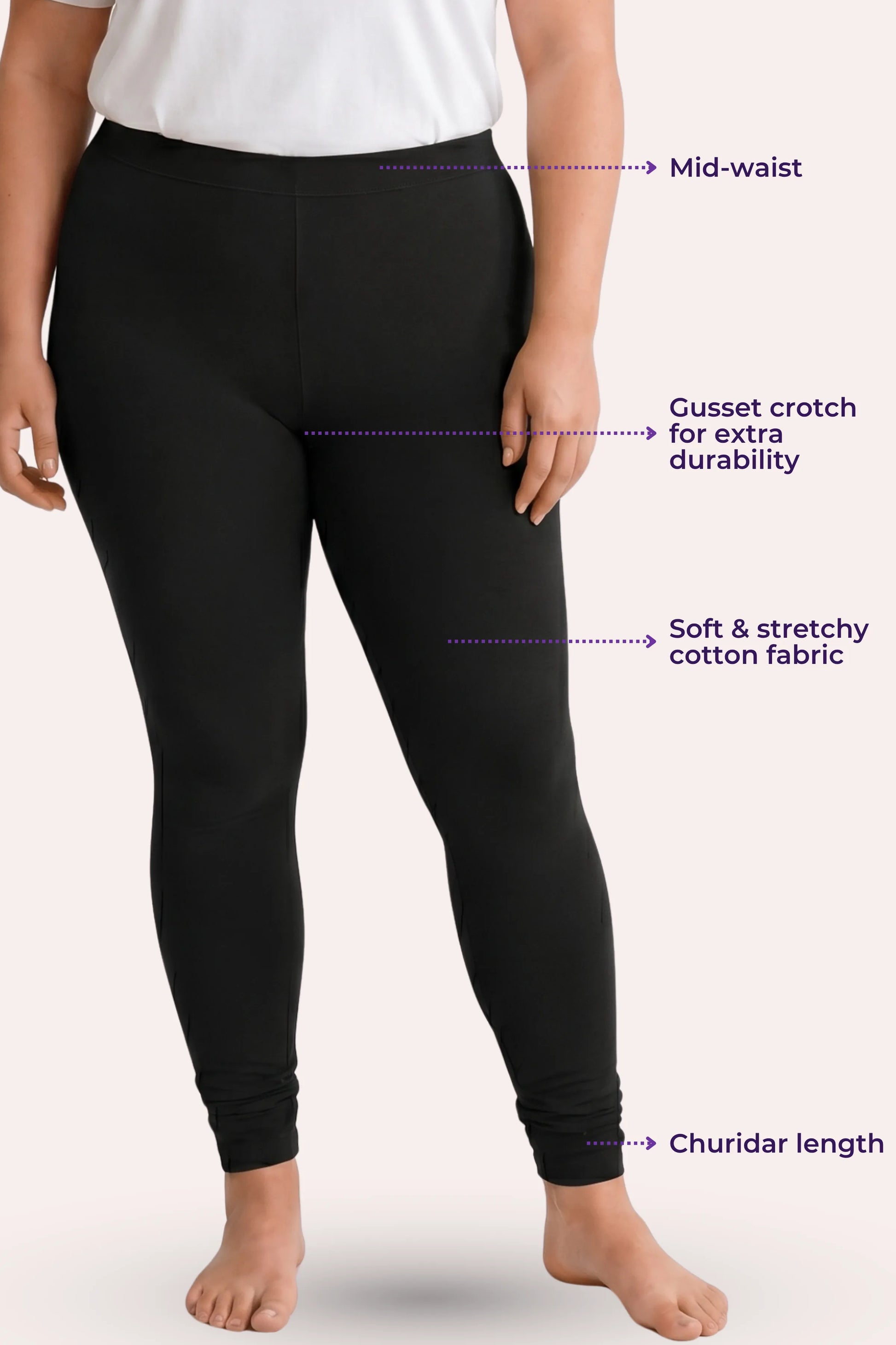 A model wearing black mid-waisted leggings with text callouts highlighting features like the gusset crotch, stretchy fabric, and churidar length on a light pink background.
