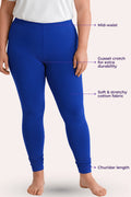 A women wearing royal blue leggings with overlaid callout lines and text pointing to mid-waist, gusset crotch, soft stretchy fabric, and churidar length.