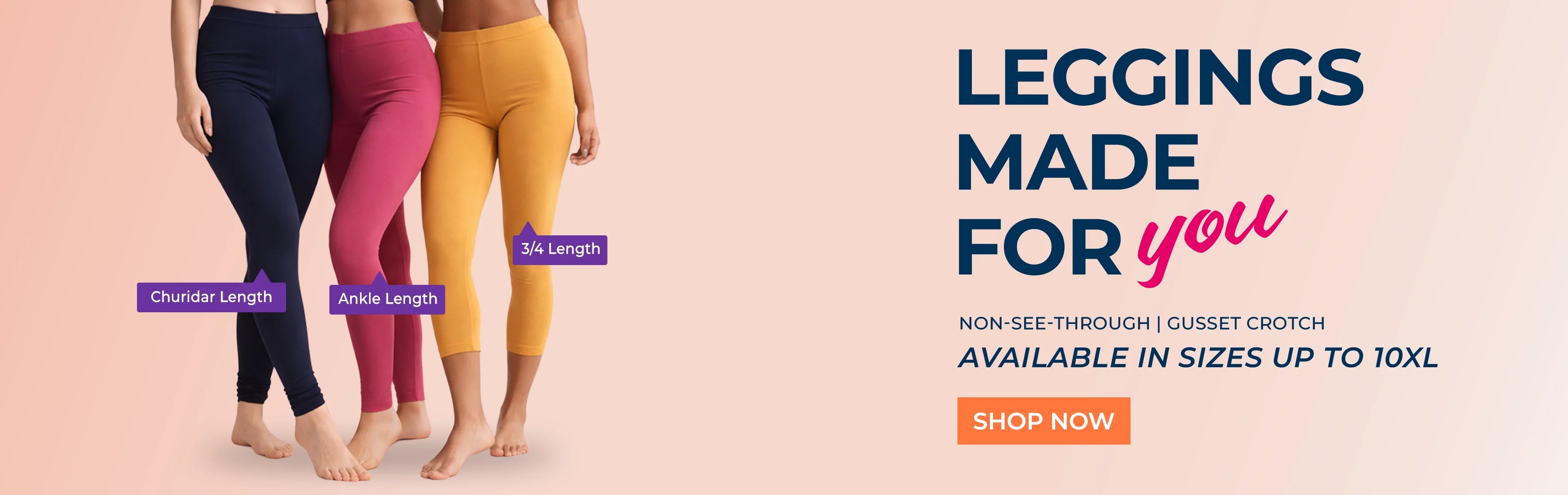 Three pairs of leggings in navy, pink, and yellow with promotional text on a beige background.slider_item_UXWKmq
