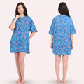 Woman wearing a blue floral patterned loose t-shirt for women, shown from front and back view