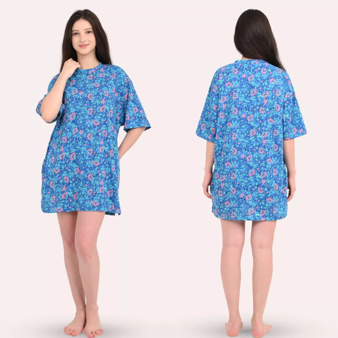 Woman wearing a blue floral patterned loose t-shirt for women, shown from front and back view