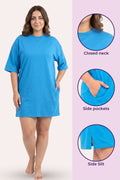 A woman model a bright blue tshirt with side pockets, shown three circular inset detail.