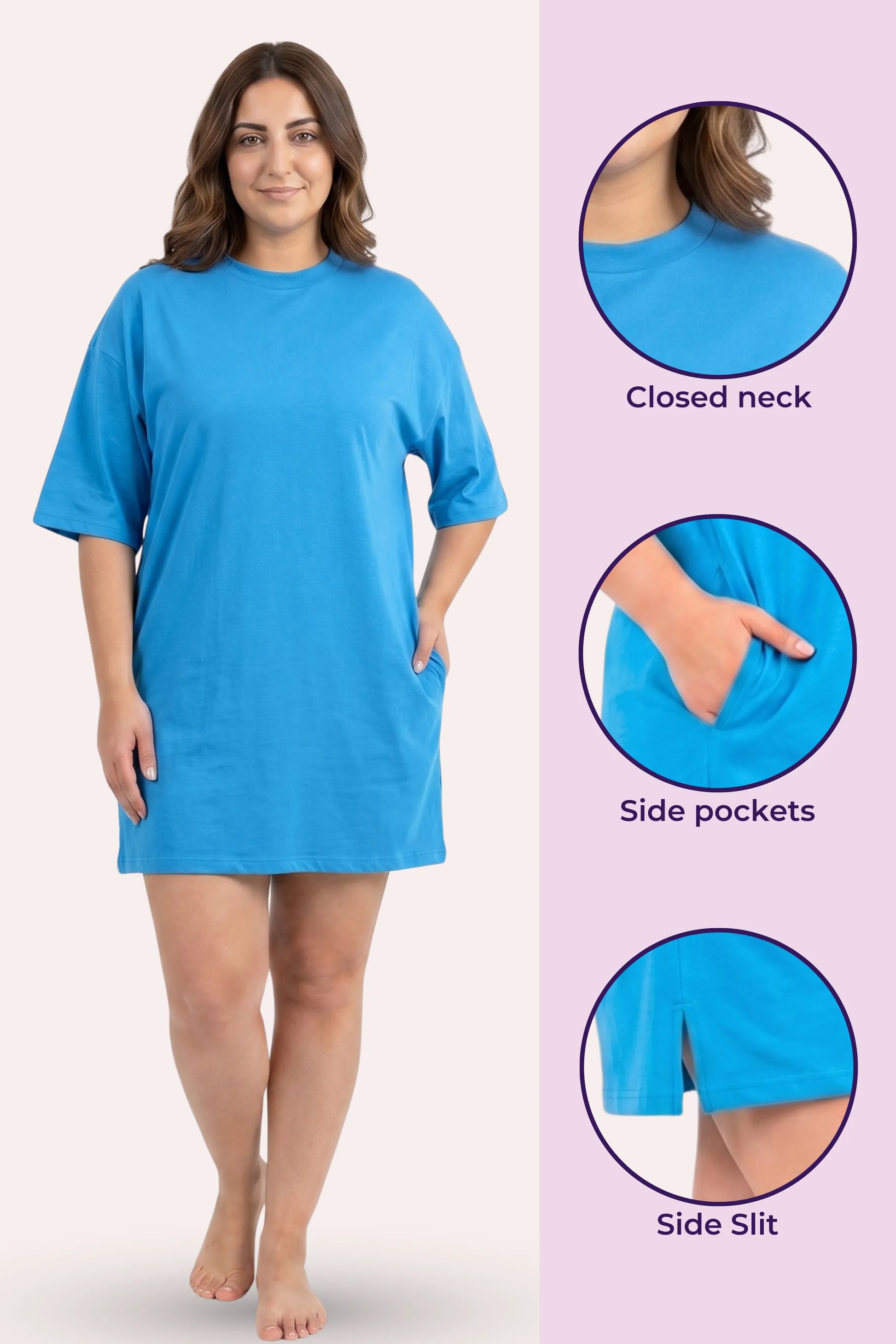 A woman model a bright blue tshirt with side pockets, shown three circular inset detail.