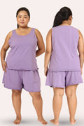 Curvy woman wearing a lavender tank top and shorts set, shown from front and back