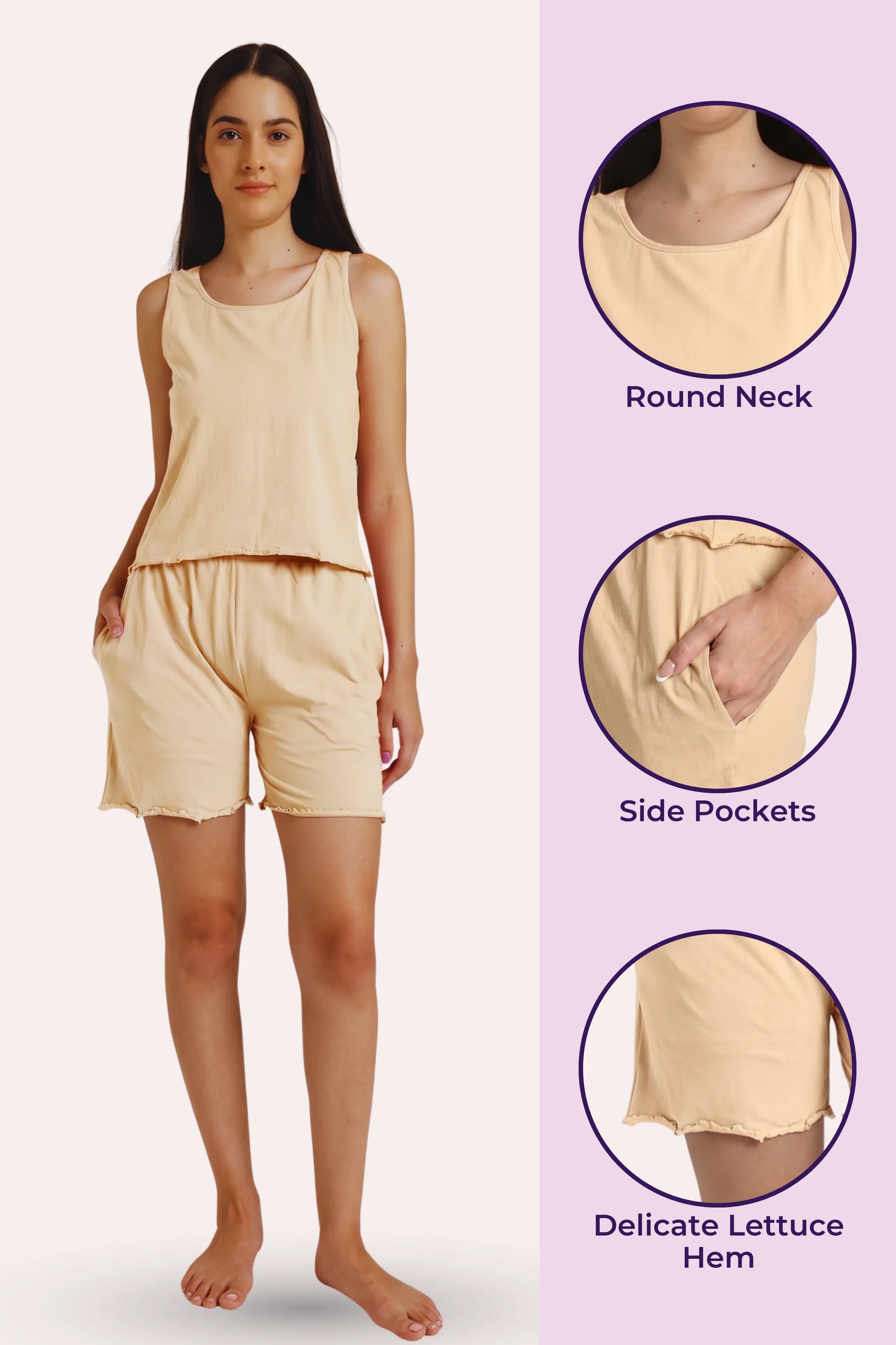 Woman wearing a cream sleeveless top and shorts with product details on a light purple background