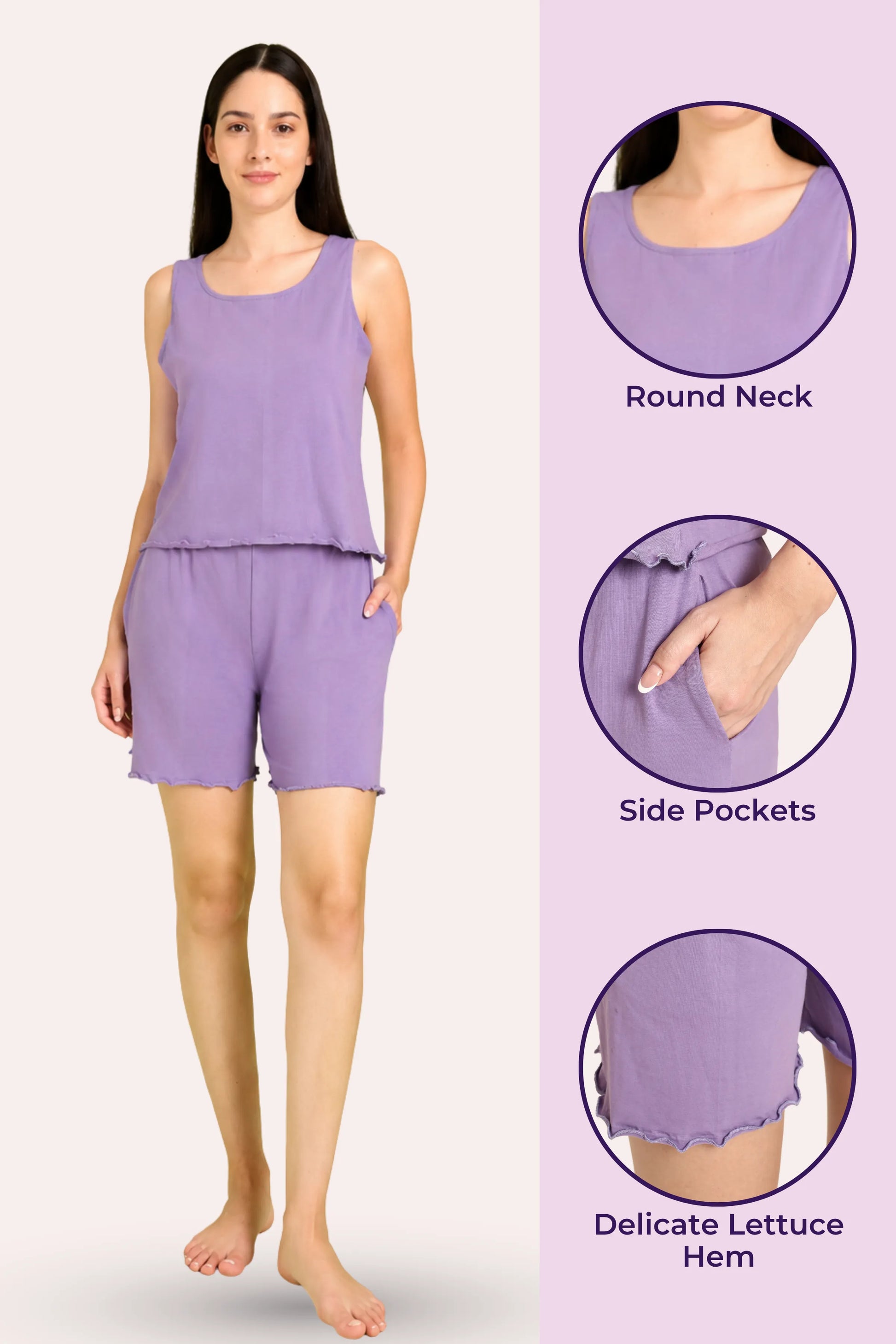 Woman wearing a lavender lounge set with close-up details on a light purple background