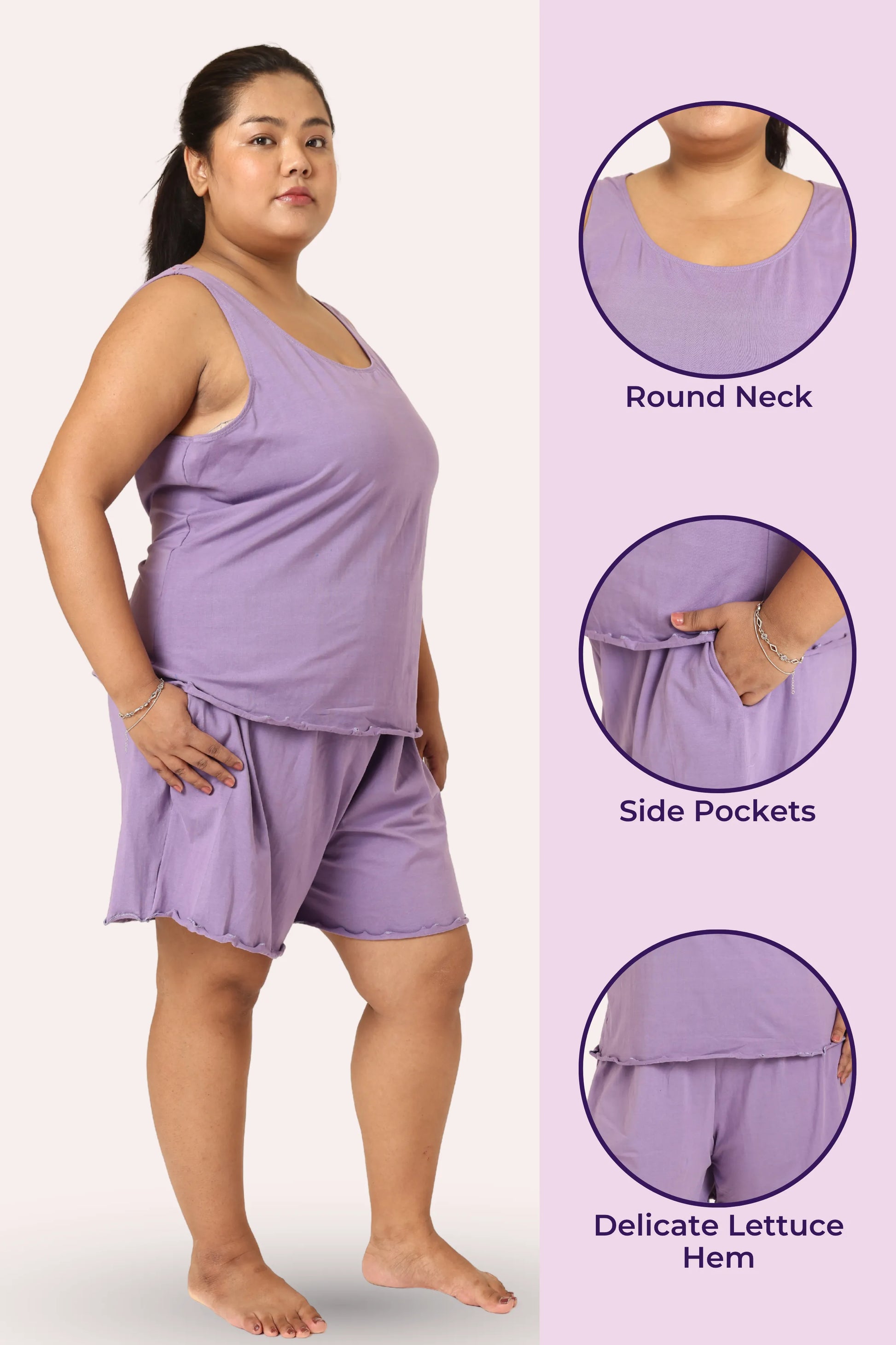 Curvy woman wearing a lavender outfit with round neck, side pockets, and delicate lettuce hem details