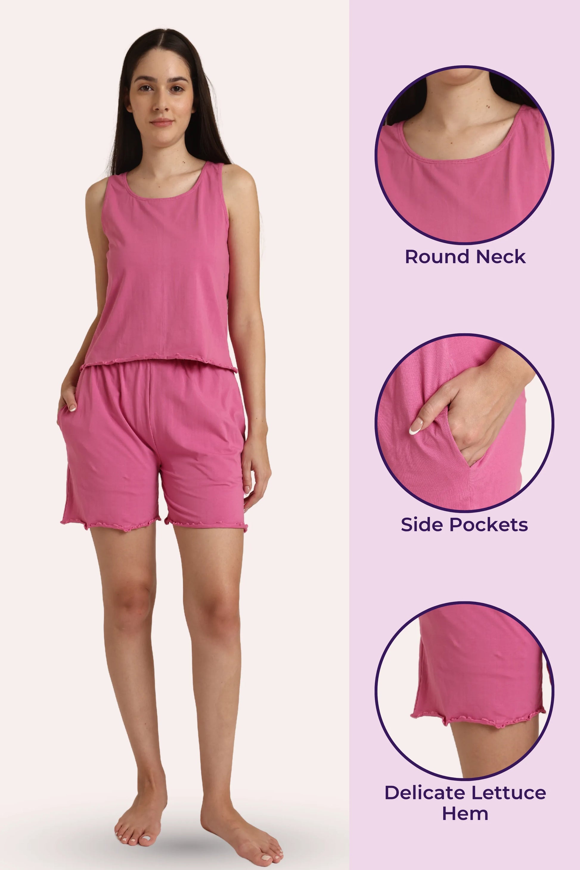 Woman wearing a rose sleeveless top and shorts with product details on the side.