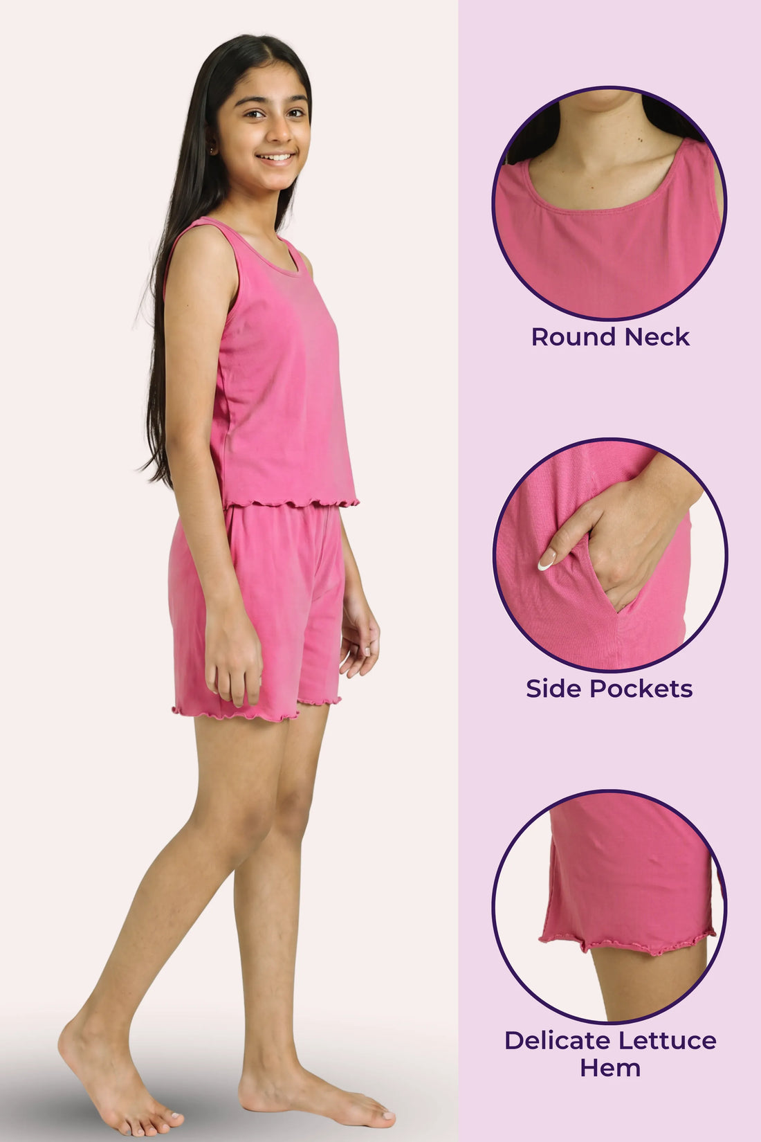 A woman modeling a pink two-piece loungewear set consisting of a sleeveless tank top and matching shorts, holding a gray mug on a patio. Pink rose fragrance graphic overlays and petals are visible around the scene.