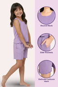 A girl model wearing a lavender sleeveless top and matching shorts set, shown beside three circular detail callouts labeled Round Neck, Side Pockets
