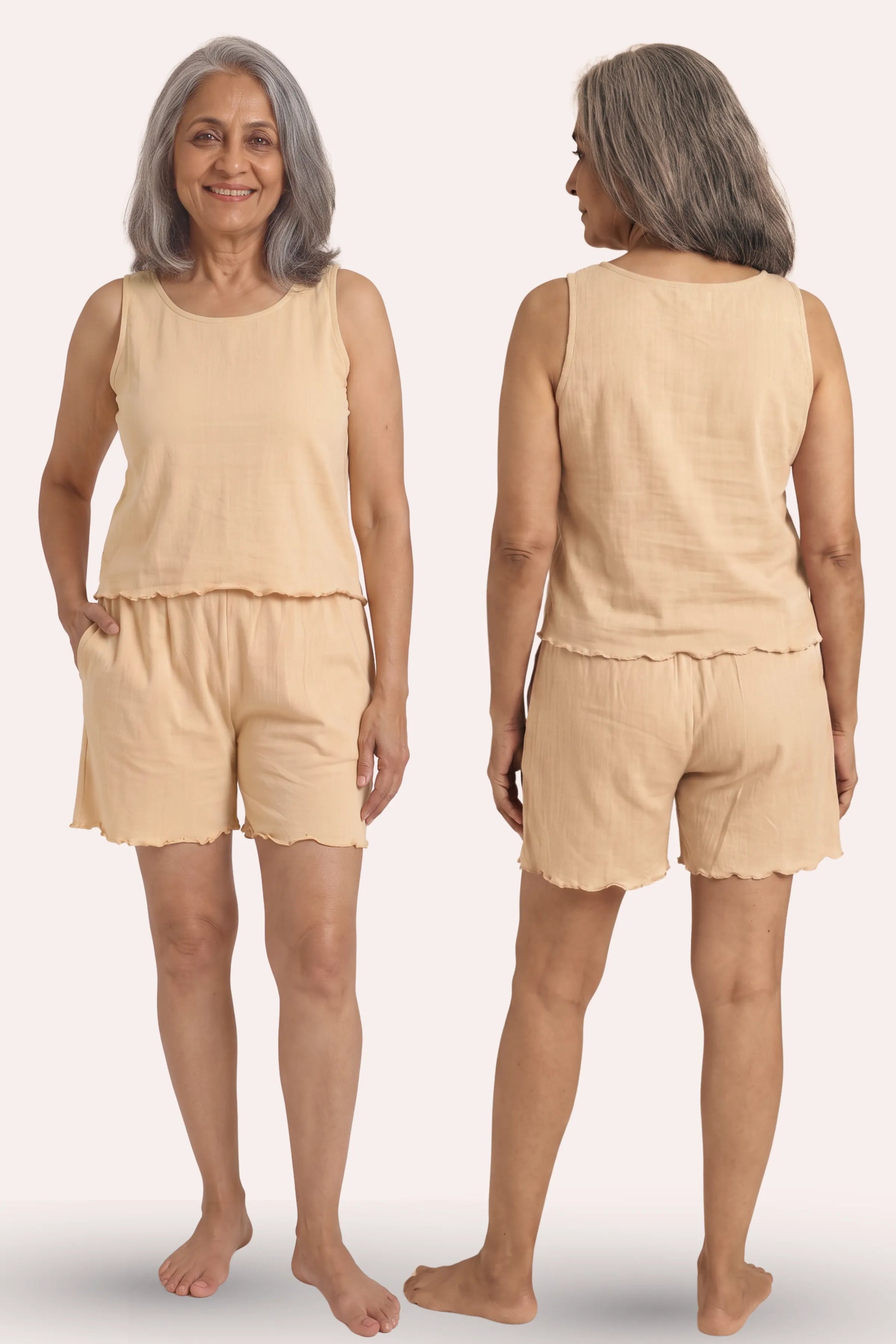 An elder woman modeling a sleeveless beige, shown from both the front and back views against a solid light beige background.