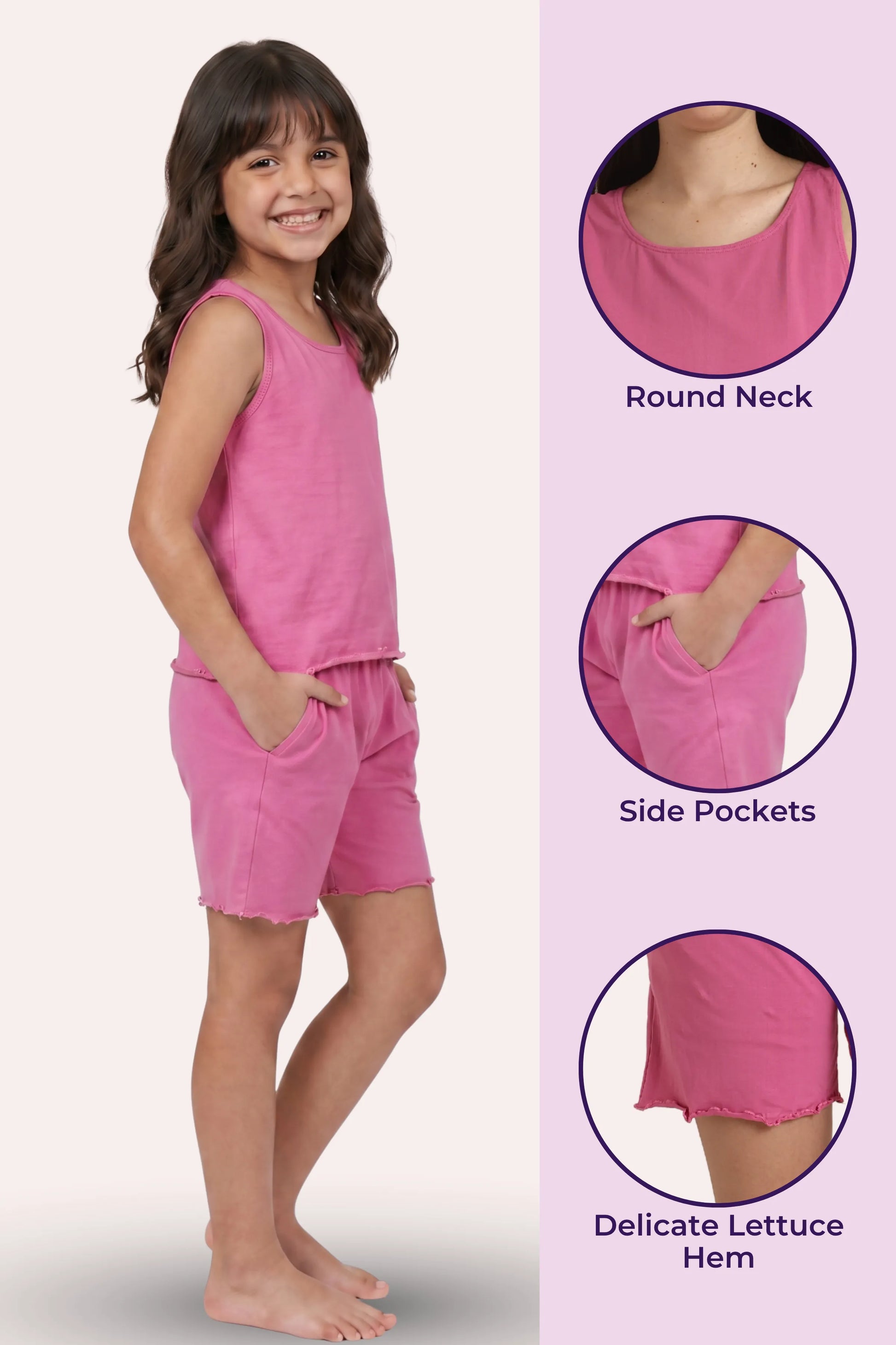 A young girl modeling a pink two-piece with a sleeveless top and shorts, shown next to three circular detail callouts highlighting the round neckline, side pockets, and delicate lettuce hem.