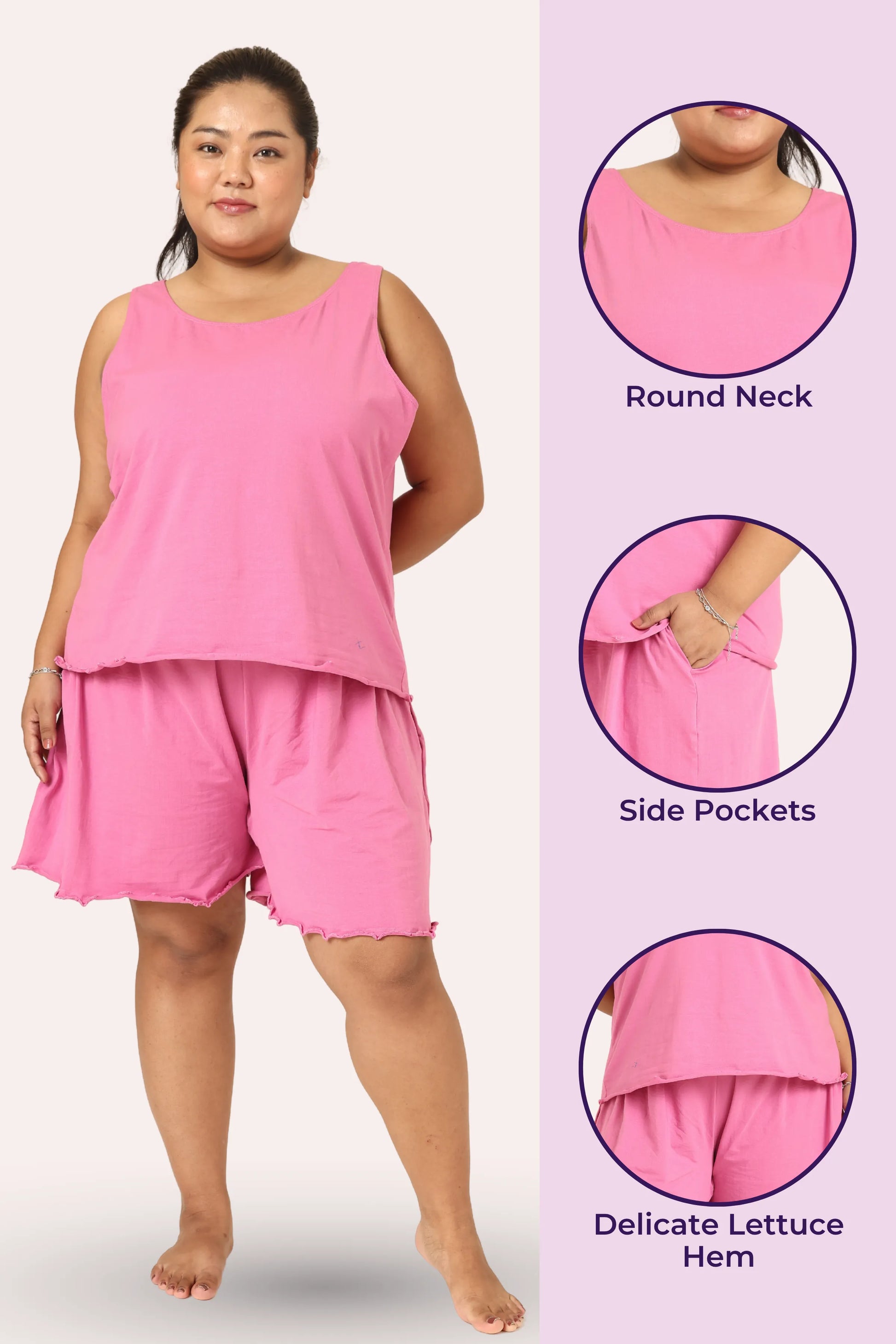 Woman wearing a rose outfit with round neck, side pockets, and delicate lettuce hem on a light purple background