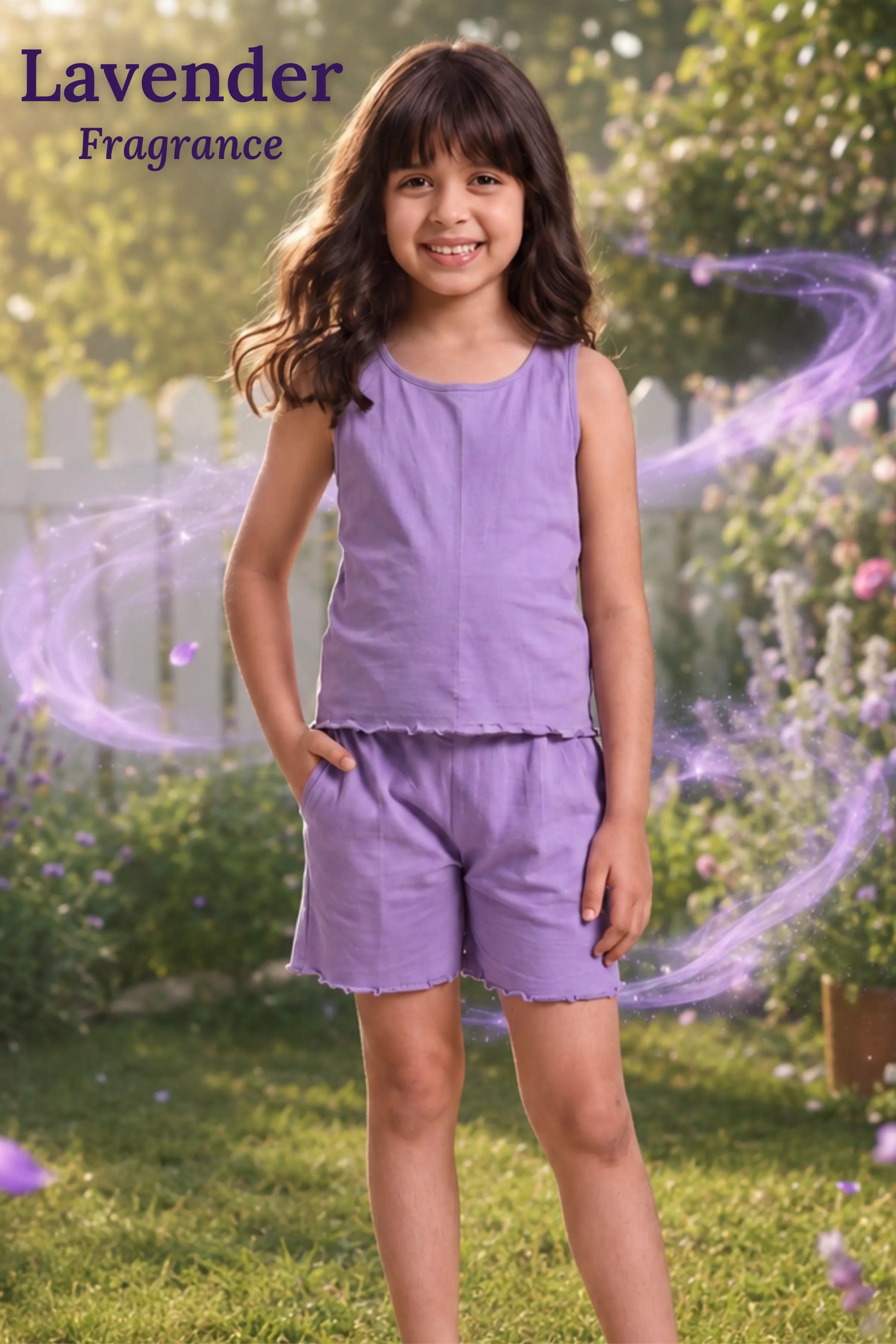 A young girl stands outdoors in a garden wearing a lavender sleeveless top and matching shorts. The image has a 'Lavender Fragrance' text overlay in the top left corner and purple magical swirl graphics on both sides.