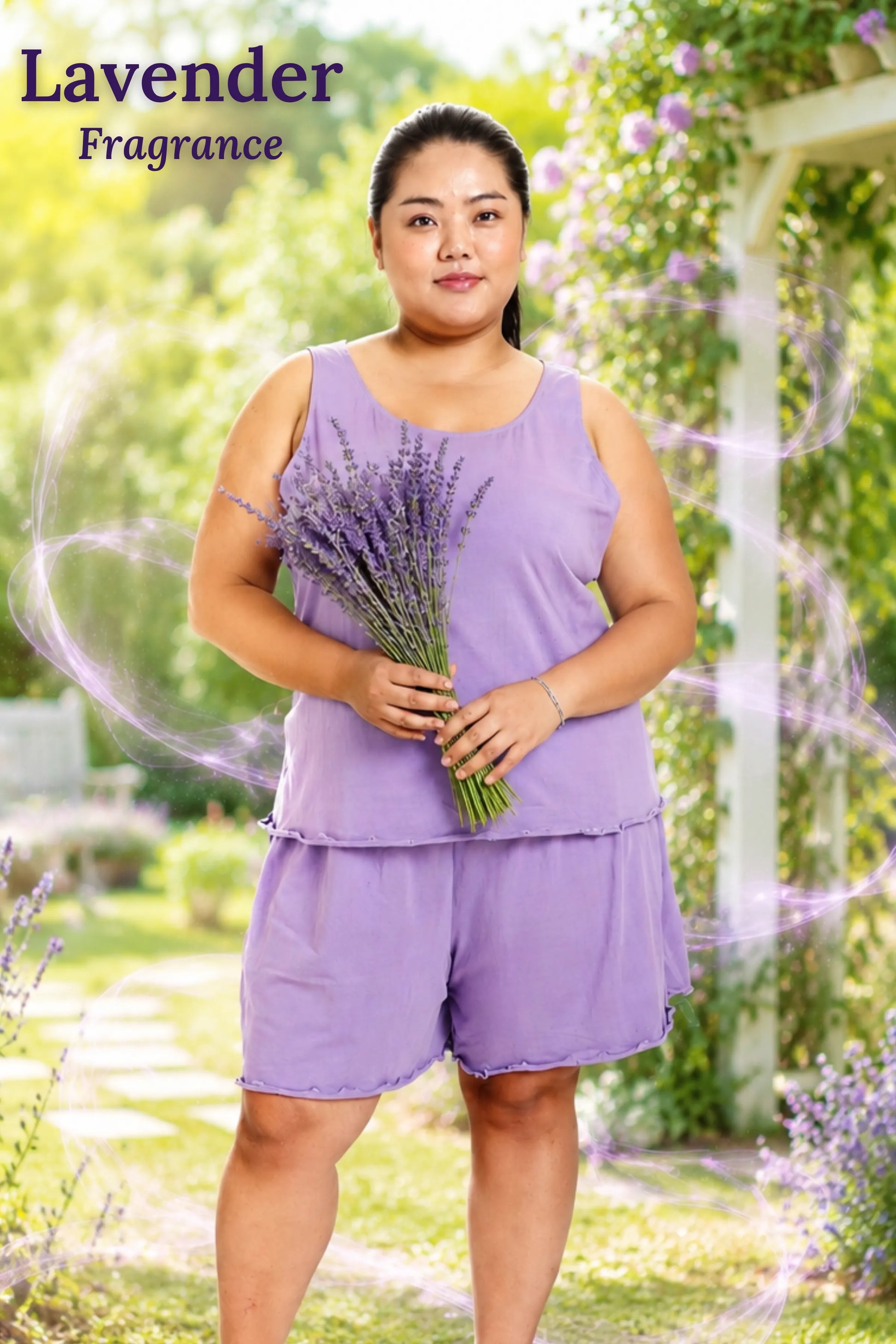 Curvy woman in lavender outfit holding a bundle of lavender flowers with 'Lavender Fragrance'