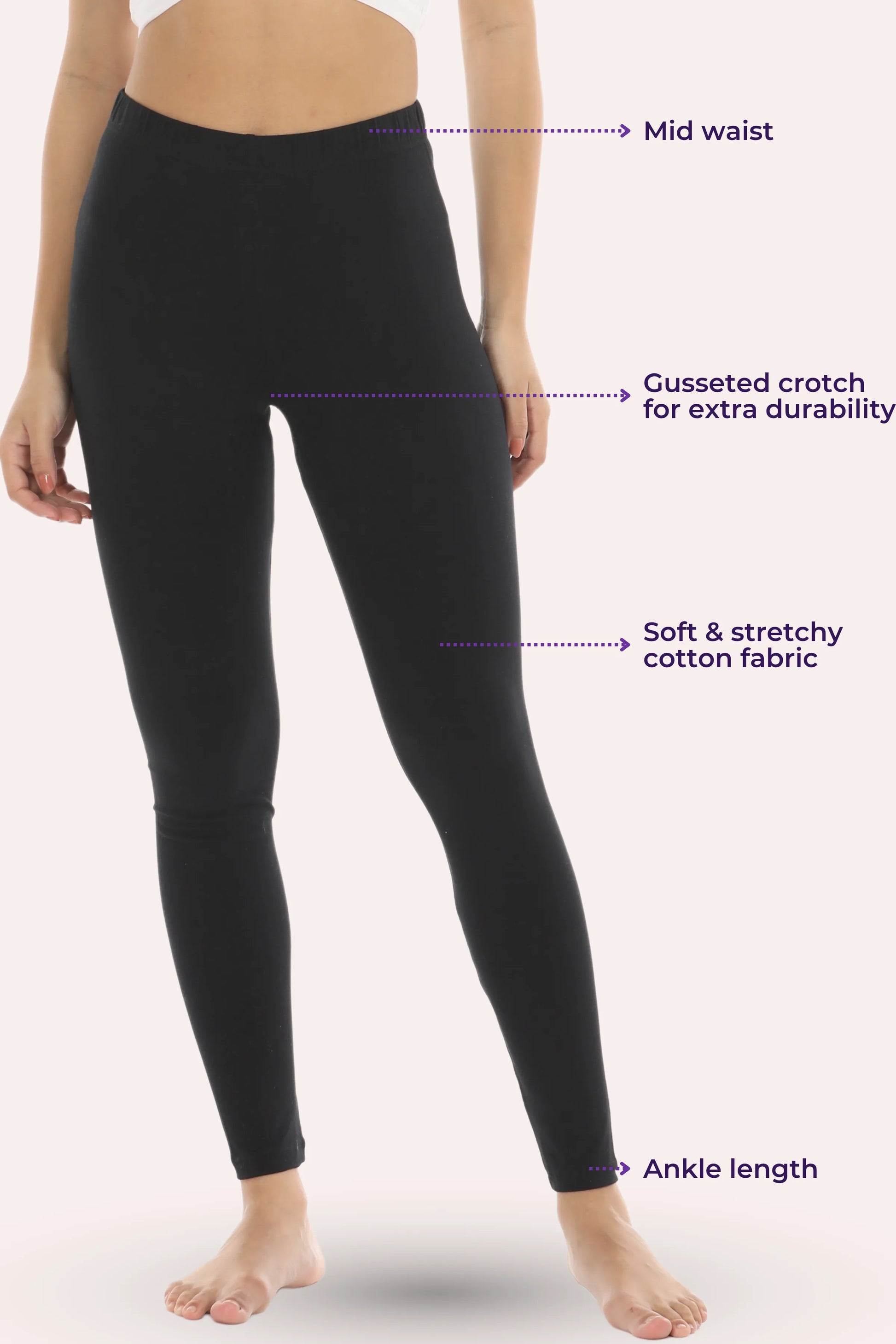 Black leggings with text labels on a white background