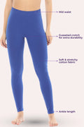 Blue leggings with text labels on a neutral background