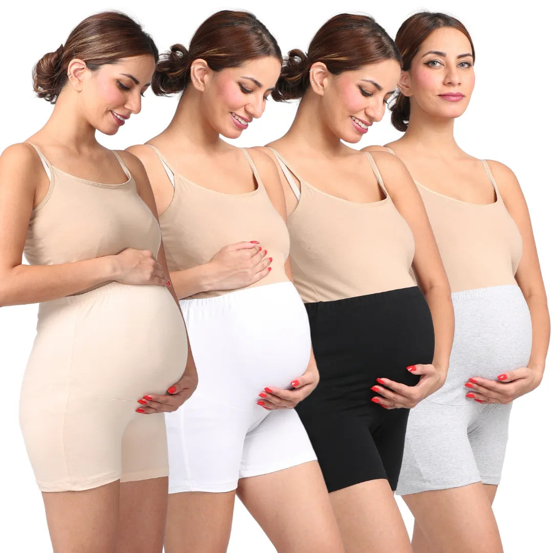Maternity Shorts For Pregnancy Skin, White, Black & Grey Pack Of 4