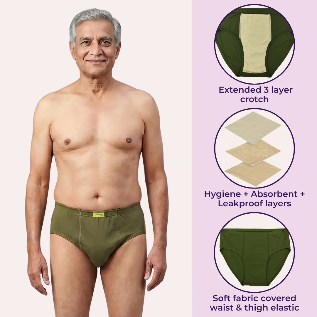 Men Wearing Incontinence Briefs Of Green & White Color