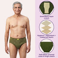 Man wearing green underwear with product features highlighted