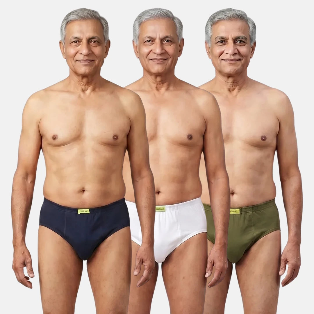 Men Wearing Incontinence Briefs Of Navy Blue, White & Green Color