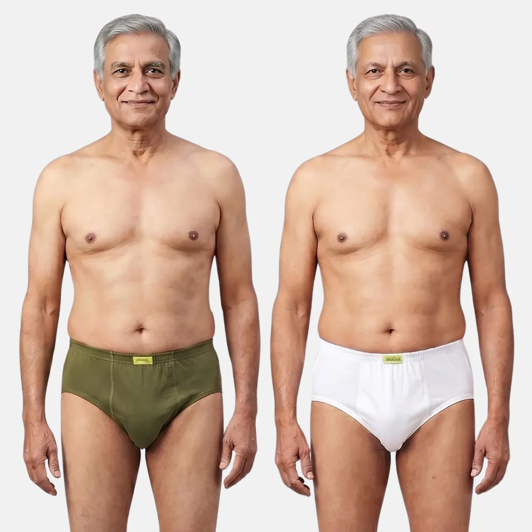 Men Wearing Incontinence Briefs Of Green & White Color