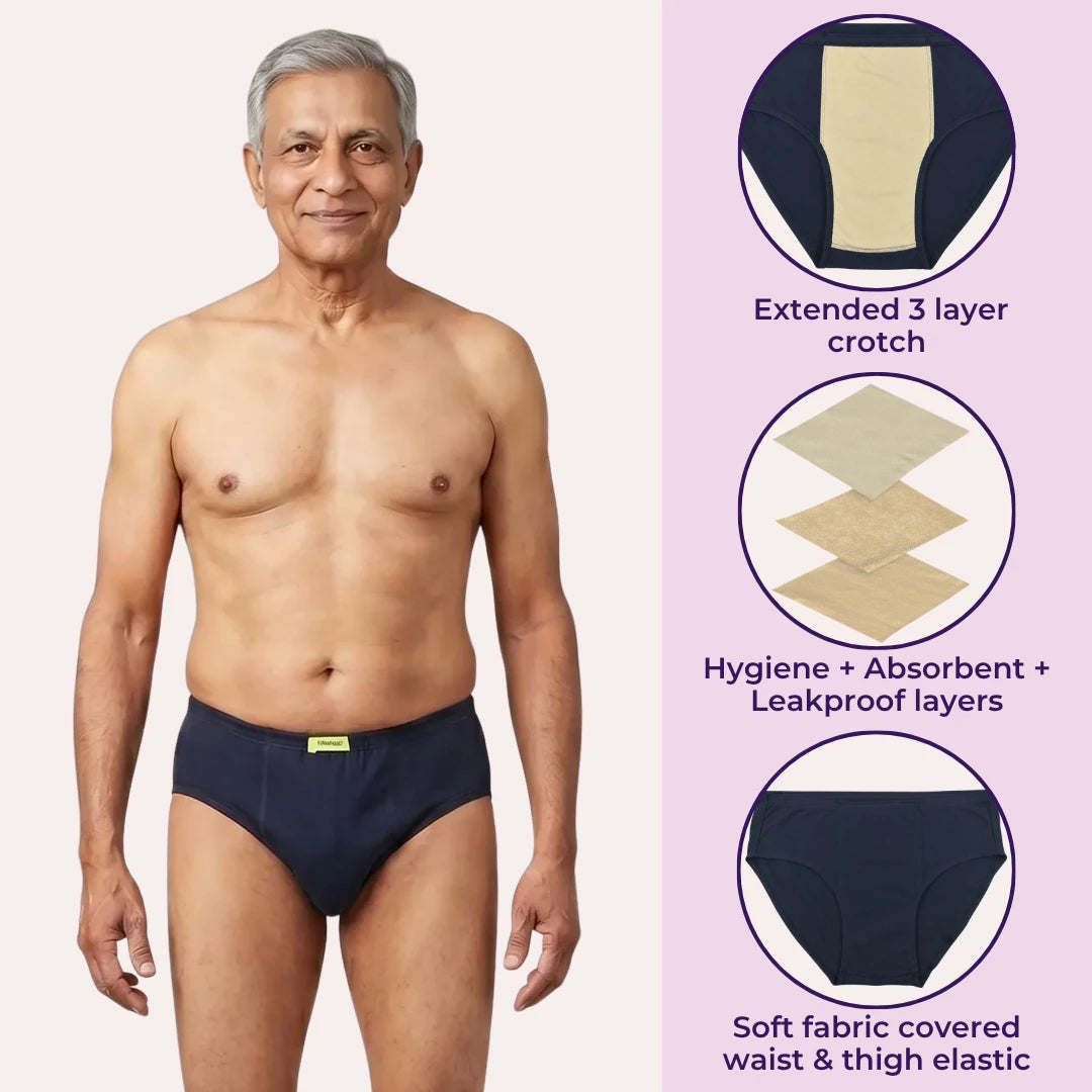 Men Wearing Incontinence Briefs Of Navy Blue, Grey & Black Color