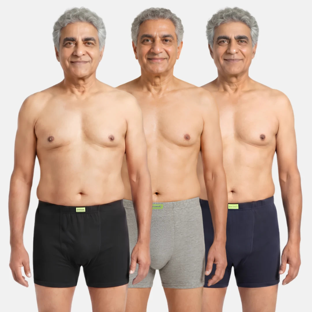 Men Wearing Incontinence Trunks Of Black, Grey & Navy Blue Color Pack Of 3