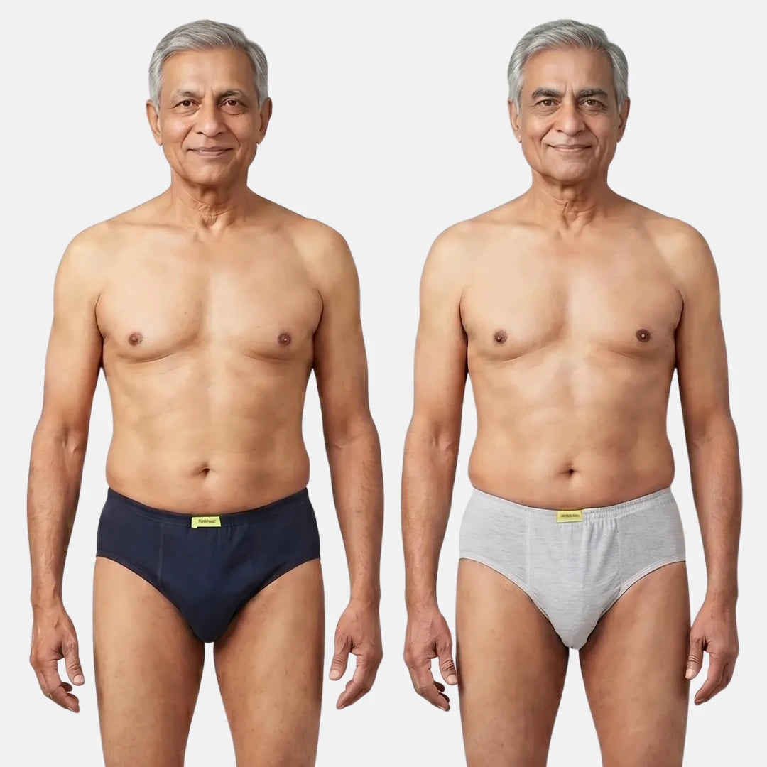 Men Wearing Incontinence Briefs Of Navy Bue & Grey Color