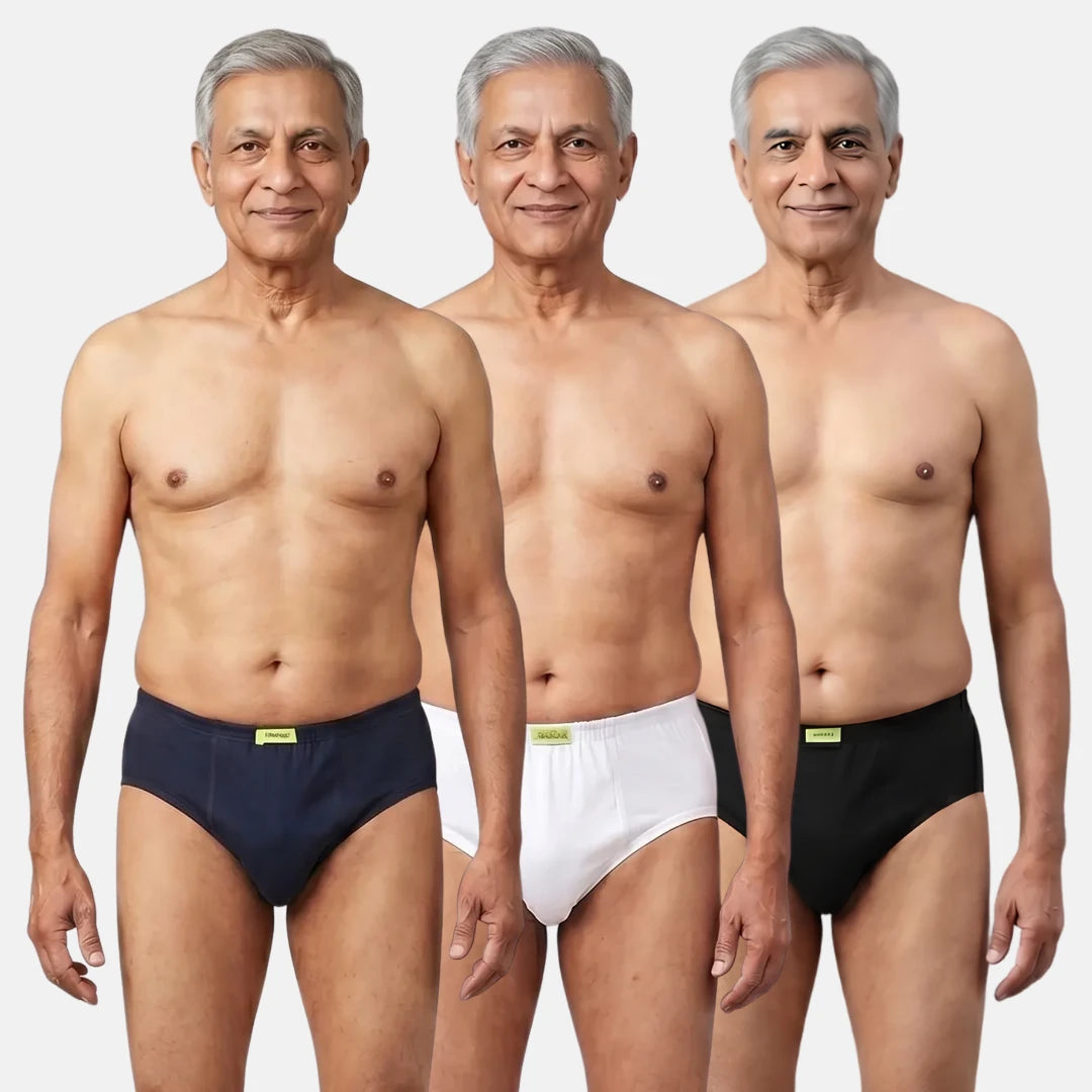 Men Wearing Incontinence Briefs Of Navy Blue, White & Black Color